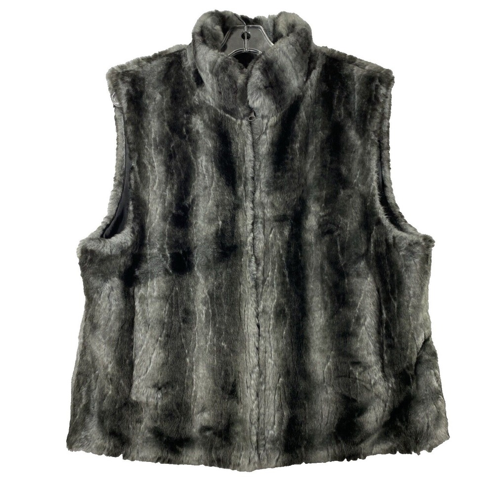 Women Gray Faux Fur Vest Size Large Indie Sleeze Reversible Zip Up Outdoor Layer